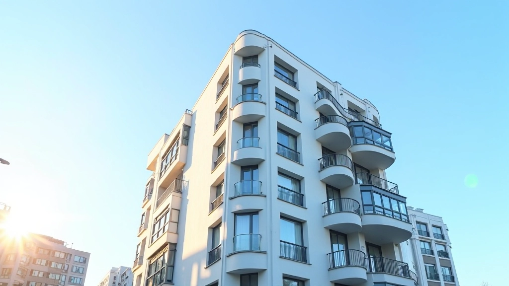 Budynek nowoczesnego apartamentowca, fasada z dużymi oknami, miasto w tle, słoneczny dzień